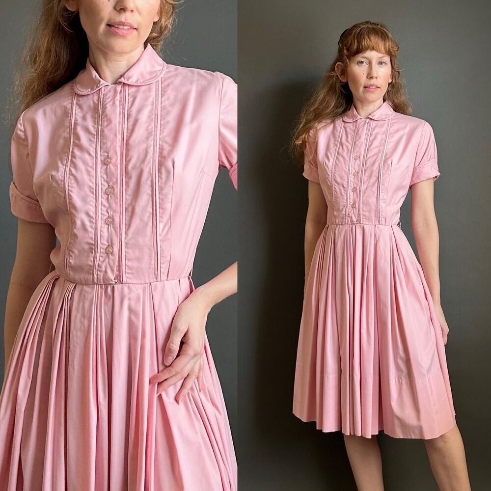 Vintage 1950s Serbin Bubblegum Pink Peter Pan Collar Shirtwaist Dress, XS